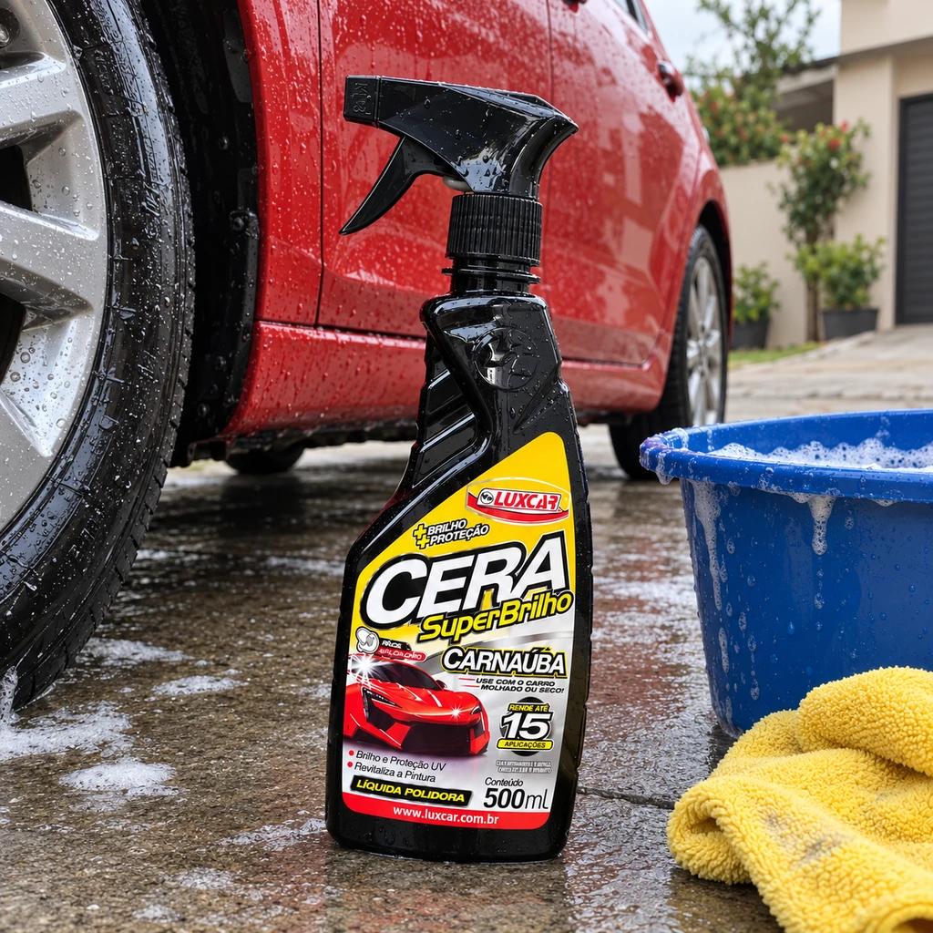 Frasco preto e amarelo da cera Luxcar Super Brilho no chão molhado, entre a roda de um carro vermelho recém-lavado e um balde azul com espuma, com um pano amarelo na beira