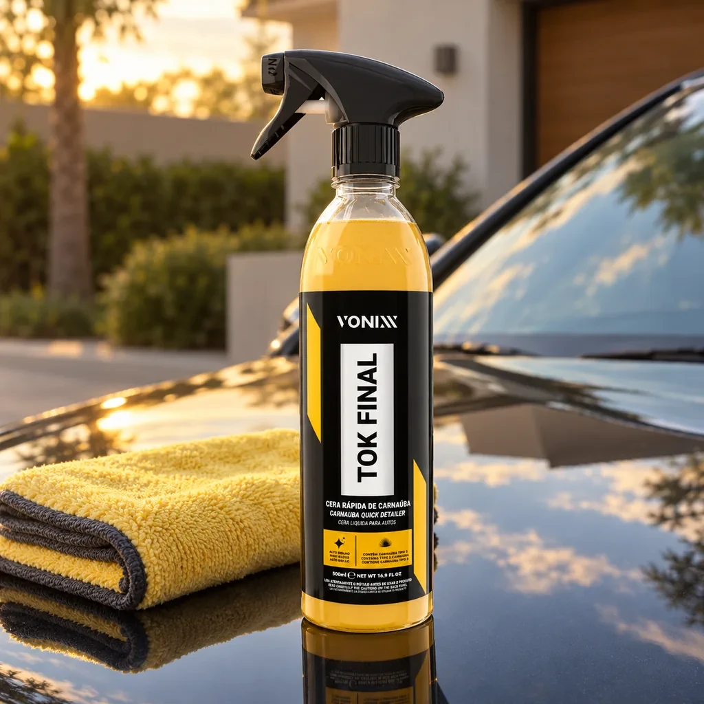 Frasco de spray Vonixx Tok Final, com líquido amarelo, em pé sobre o capô preto e brilhante de um carro, ao lado de um pano de microfibra amarelo dobrado, na luz do fim da tarde