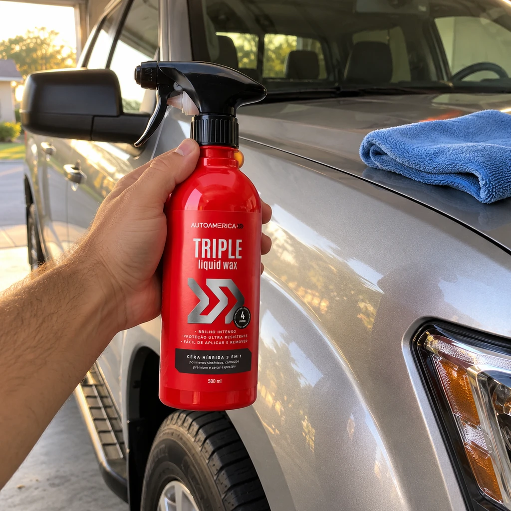 Mão segurando o frasco vermelho da Triple Liquid Wax junto ao para-lama de uma picape prata, com uma microfibra azul sobre o capô, numa garagem no fim da tarde