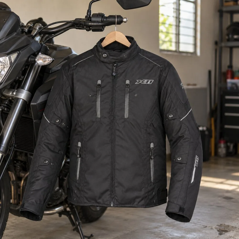 Jaqueta X11 Iron 3 preta num cabide pendurado no guidão de uma moto, dentro da garagem