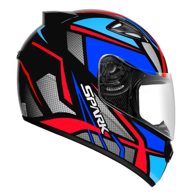 Capacete EBF New Spark, pintura Spider preta, vermelha e azul, de lado